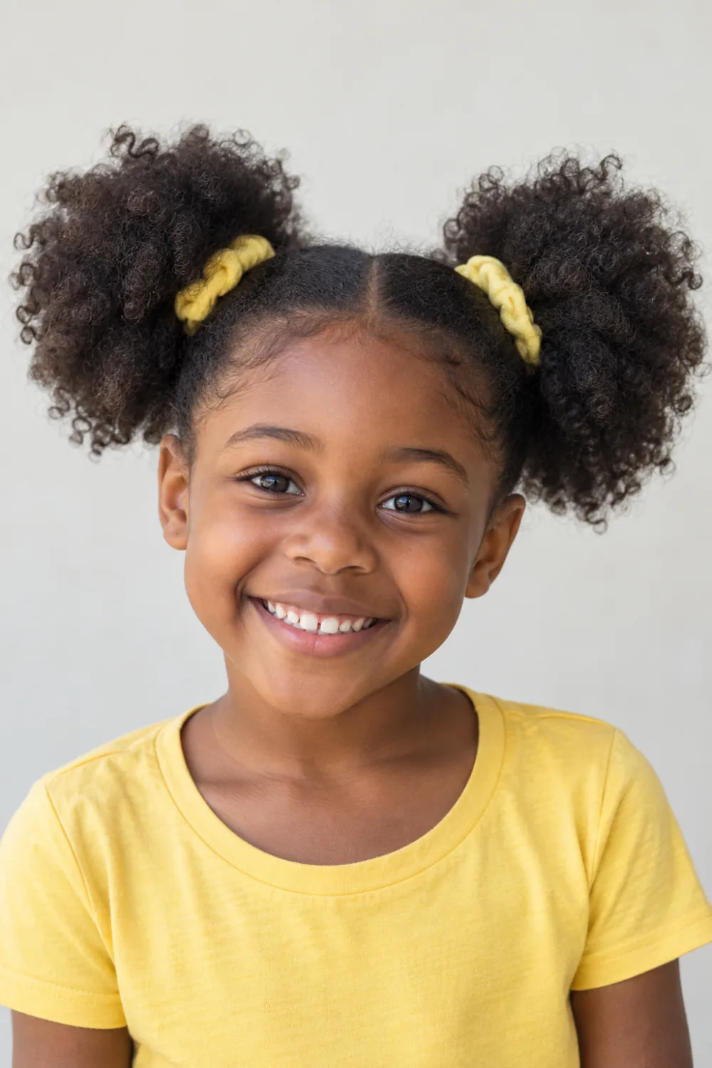 Two natural coily puffs secured with yellow covered hair ties