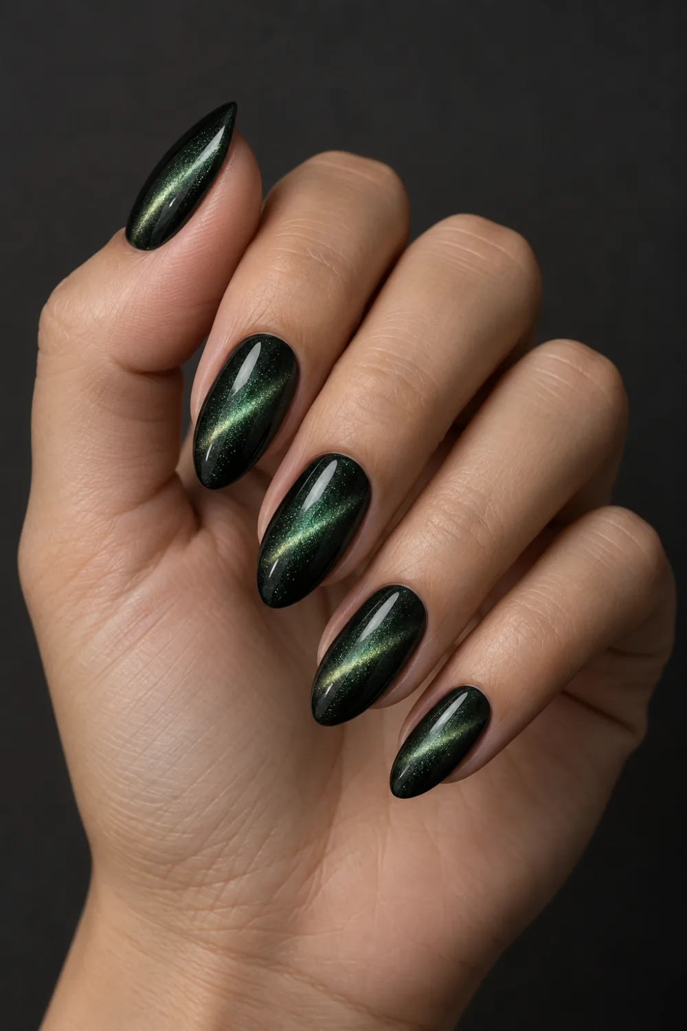 Deep pine-green cat-eye nails with luminous magnetic shimmer