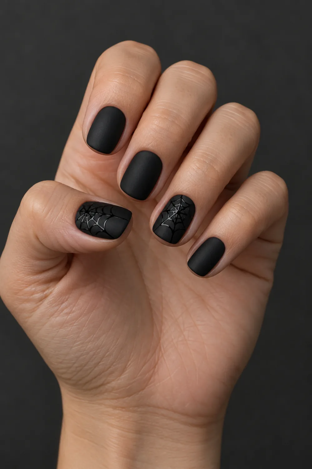 Matte black squoval nails with glossy spiderweb accents