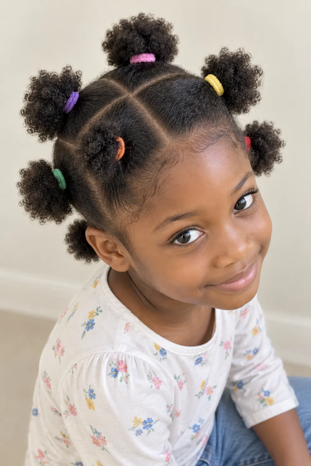 Small natural puffs in parted sections with colorful covered ties