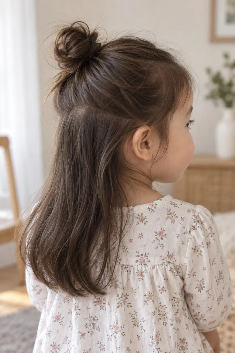 Small crown top knot with the remaining hair loose