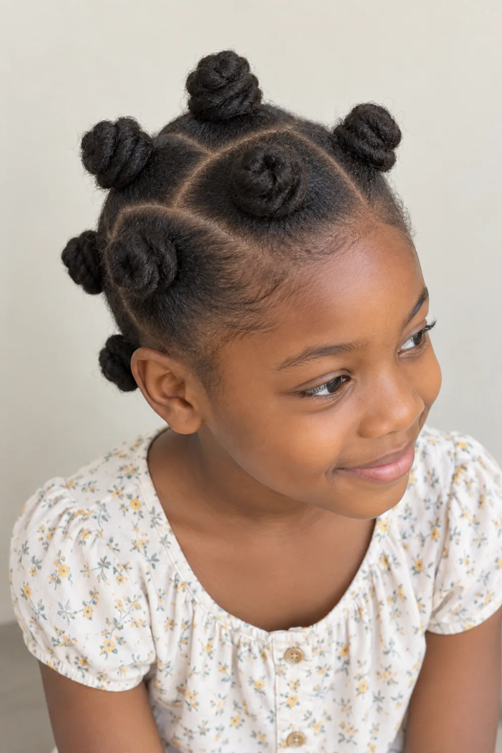 Medium Bantu knots in neat sections on natural hair