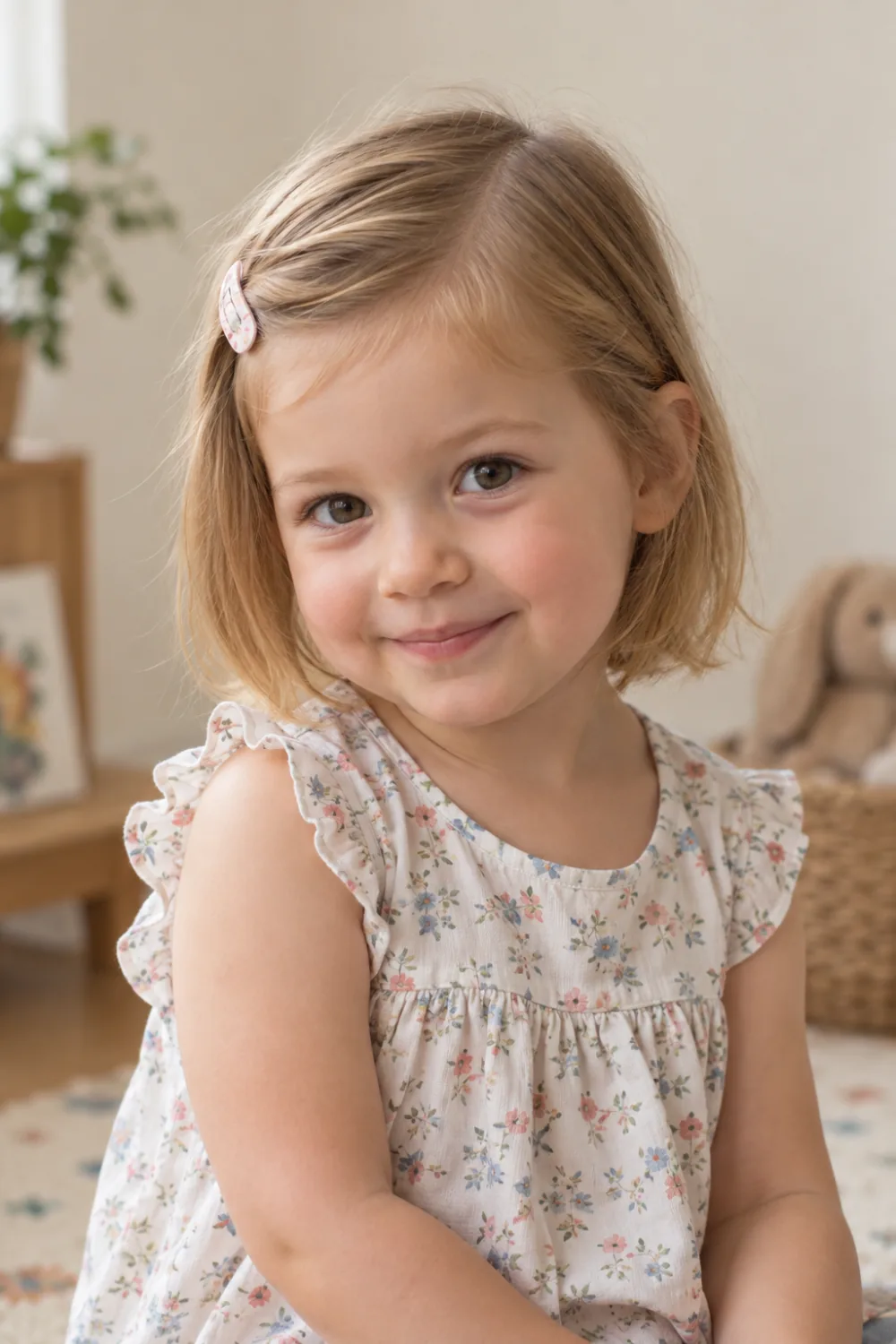 Toddler girl with a side-swept section held by a covered clip