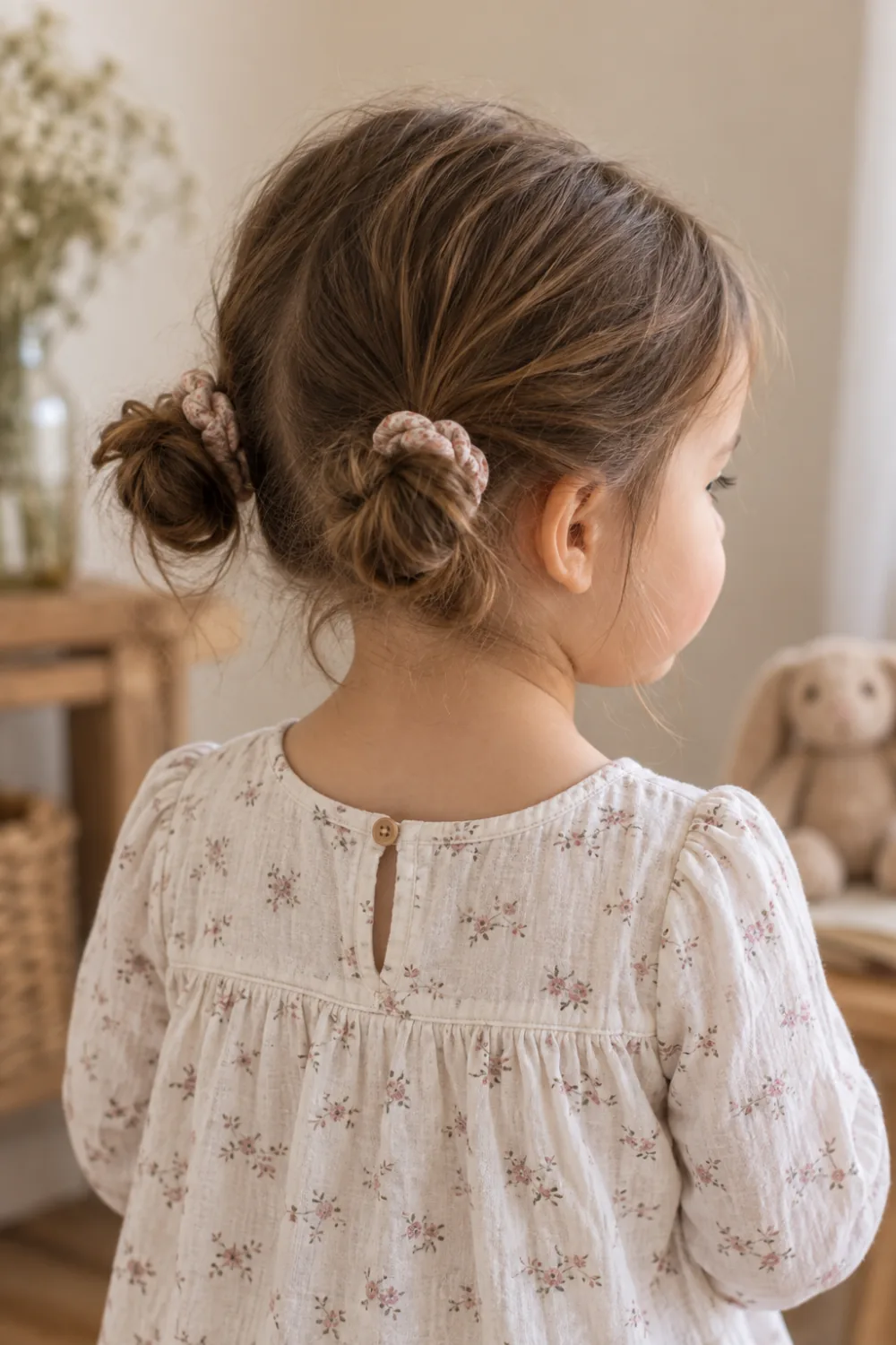 Two small loose buns with soft fabric hair ties