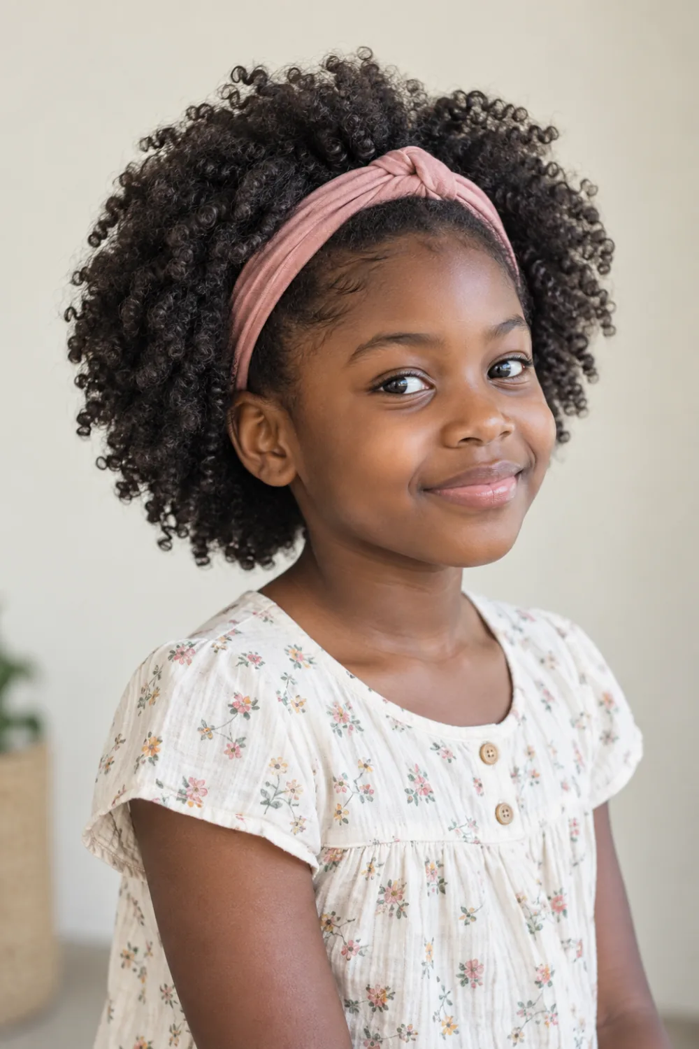 Loose natural coils held away from the face with a soft pink headband
