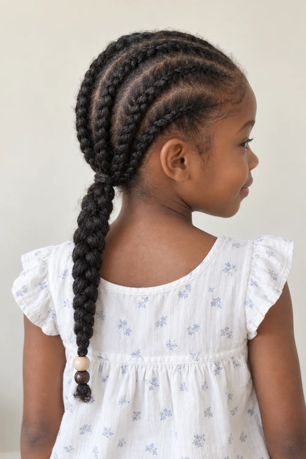 Cornrows gathered into a low braided ponytail with two beads