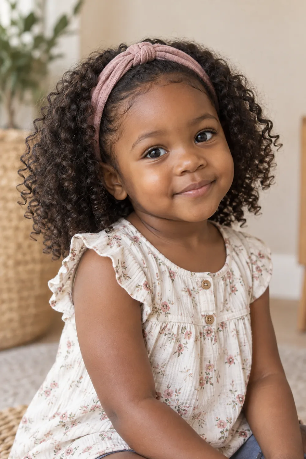 Toddler girl with defined natural curls and a soft fabric headband