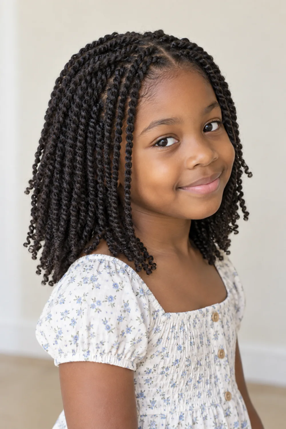Small two-strand twists worn loose on natural hair