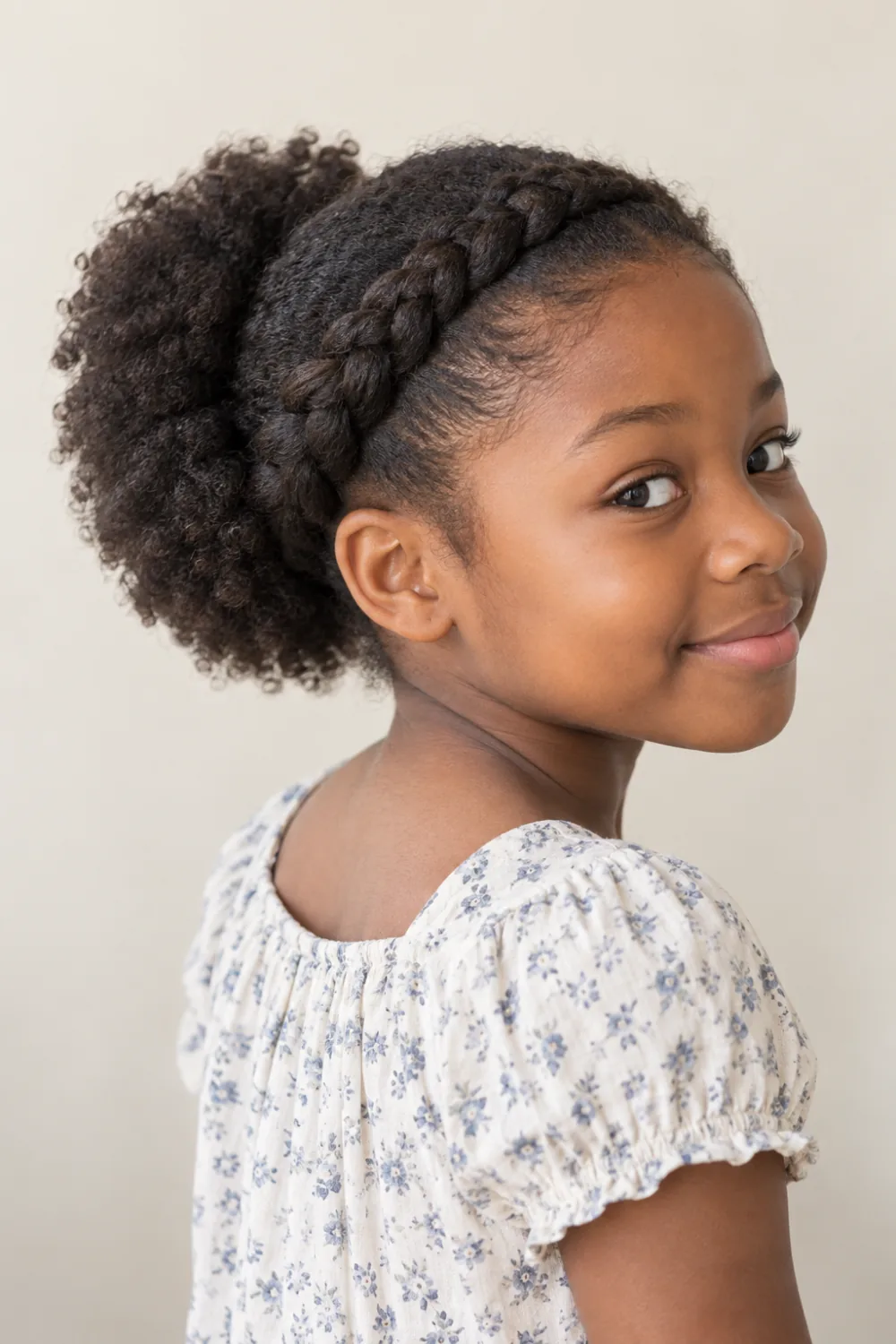 Crown braid around the front and sides leading into a natural puff