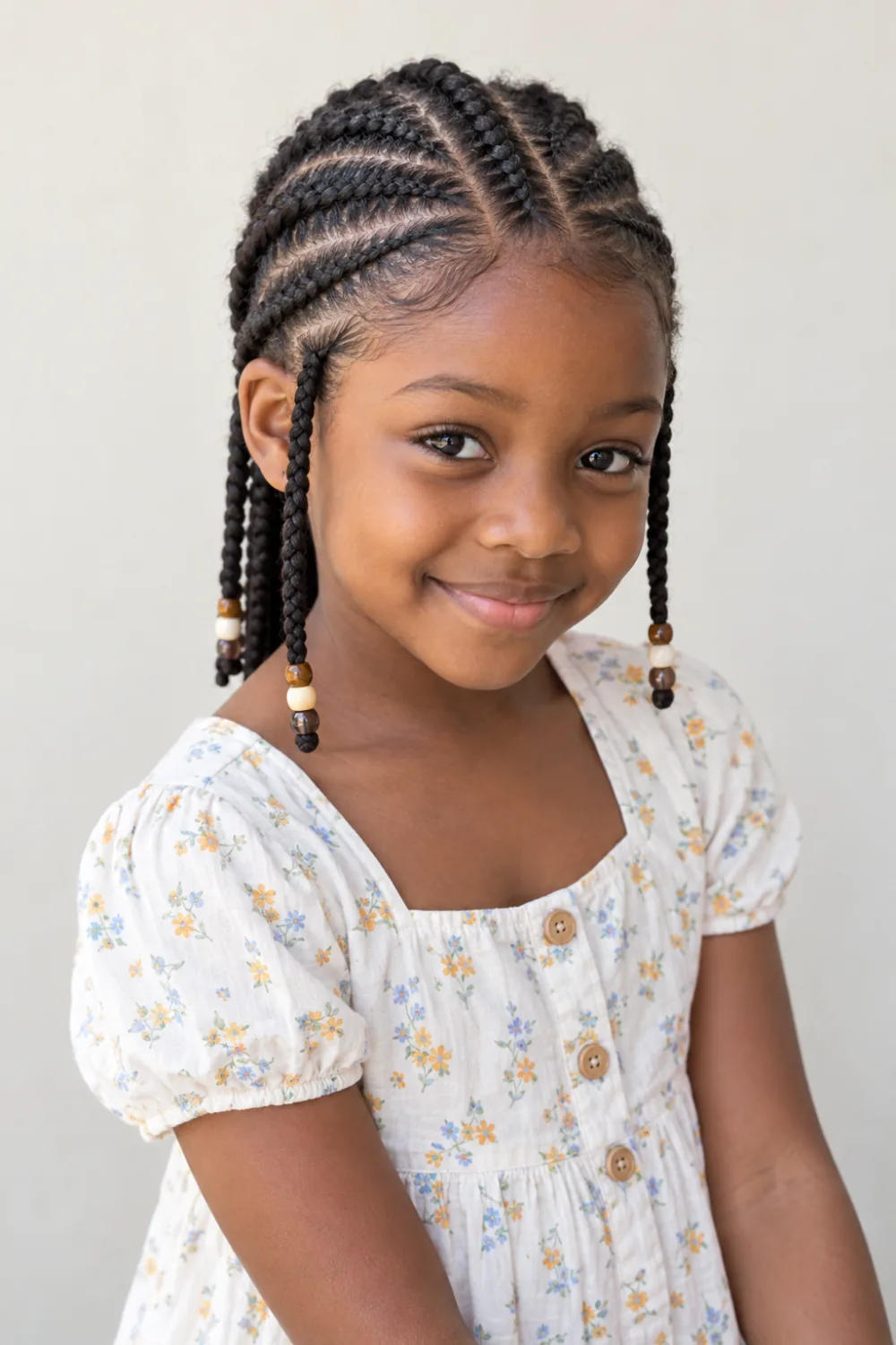 Simple Fulani-inspired cornrows with side braids and a few beads