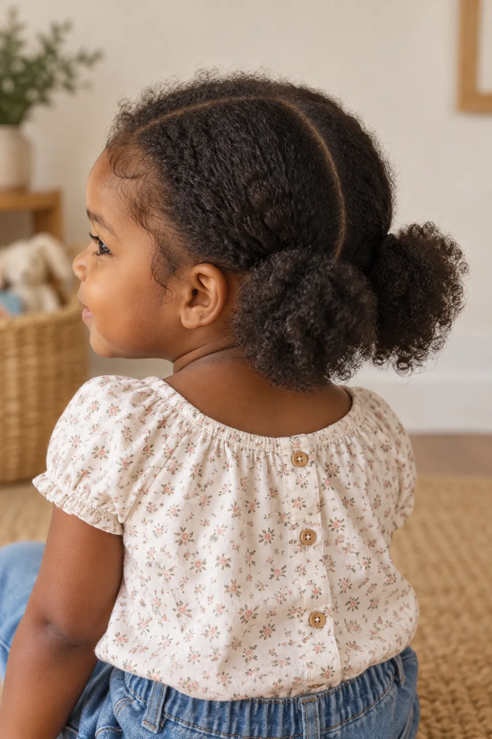 Two low natural Afro puffs with a center part