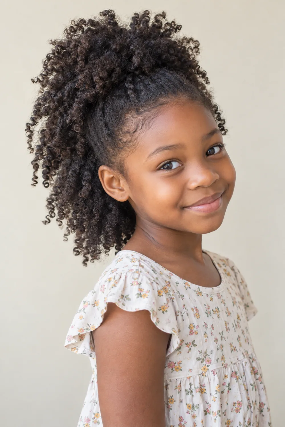 Defined twist-out curls gathered into a soft half-up puff