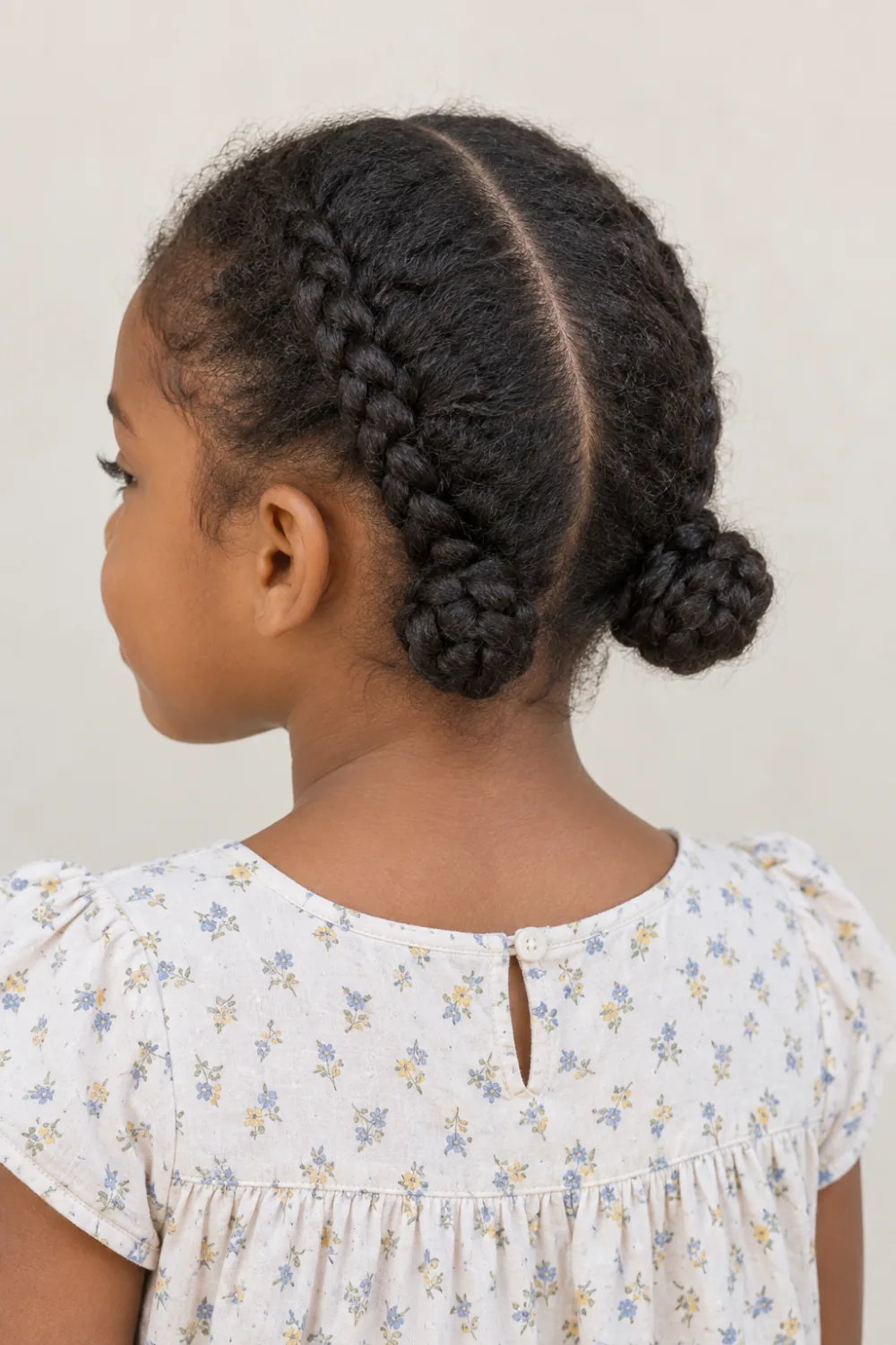 Two low braided buns at the nape with a center part