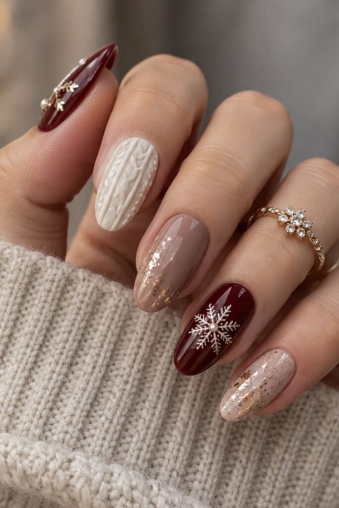 Matte cream gel nails with raised 3D sweater knit texture