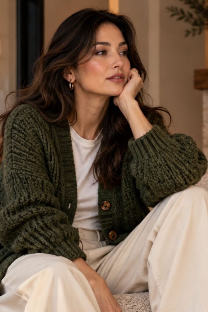 Woman wearing a chunky knit cardigan over a light top
