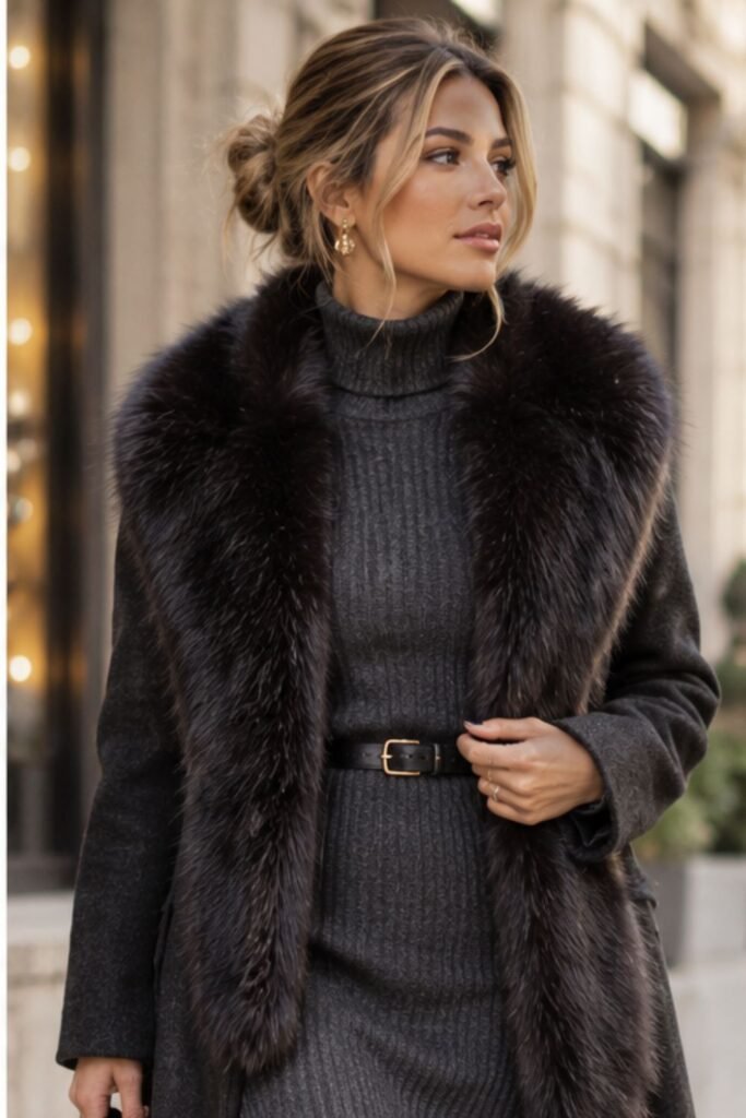 Woman in a chocolate faux-fur jacket with jeans