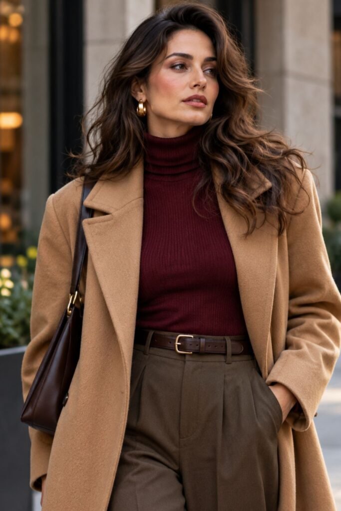 Woman in a fine-gauge turtleneck layered under a coat