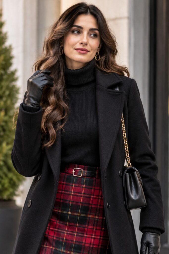 Woman wearing a plaid wool skirt with a black knit and long coat