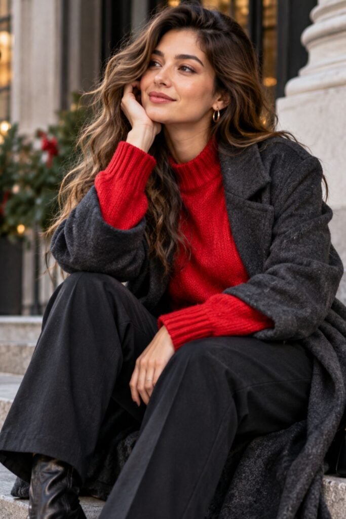 Woman in a bright red sweater under a charcoal coat