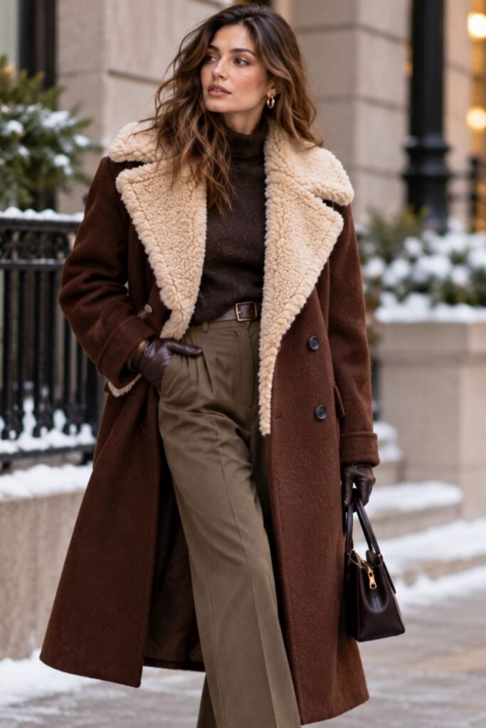 Woman in a wool coat with a large shearling collar