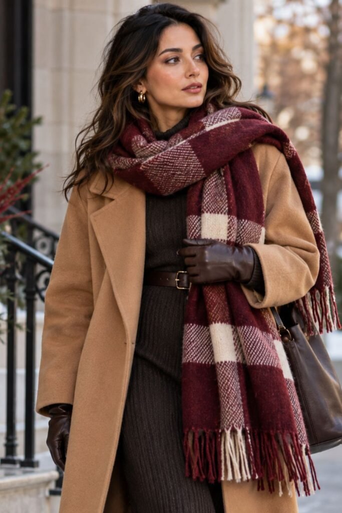 Woman wearing an oversized wool scarf over a camel coat