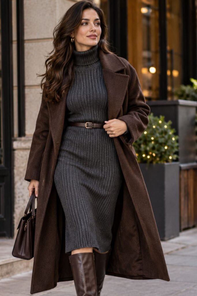 Woman in a ribbed midi sweater dress with knee-high boots