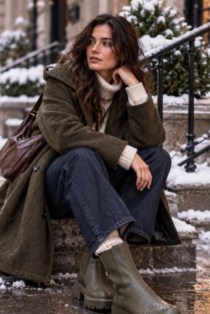 Woman in weatherproof lug-sole boots with dark denim