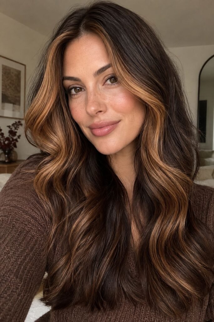 Woman with amber face-framing highlights on deep brown hair