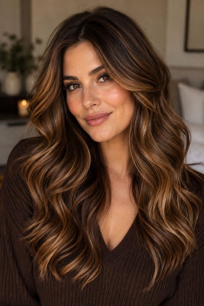 Woman with amber glow balayage on light brunette hair