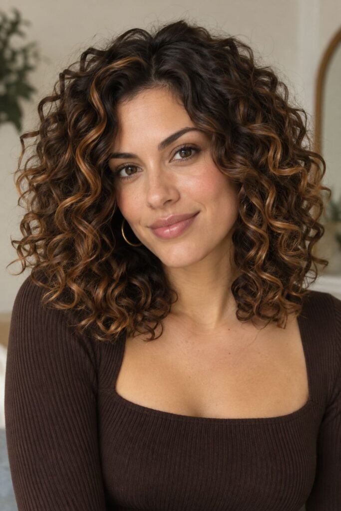 Woman with amber highlights on curly brunette hair