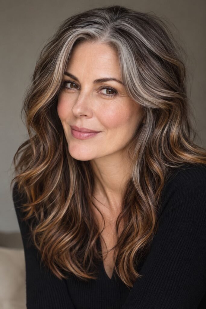 Woman with amber lowlights blended into gray hair