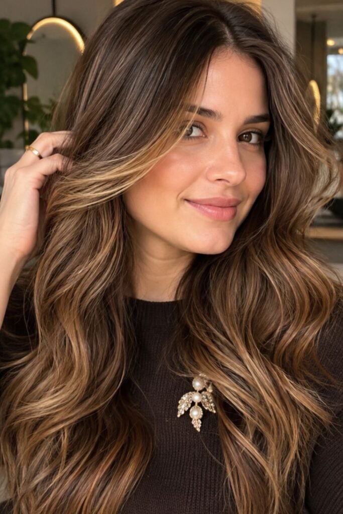 Woman with amber root melt on grown-out balayage