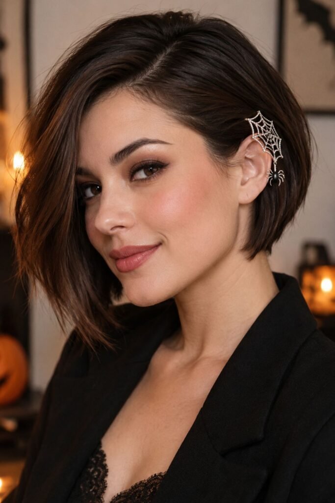 Asymmetric Bob With a Spiderweb Ear Clip