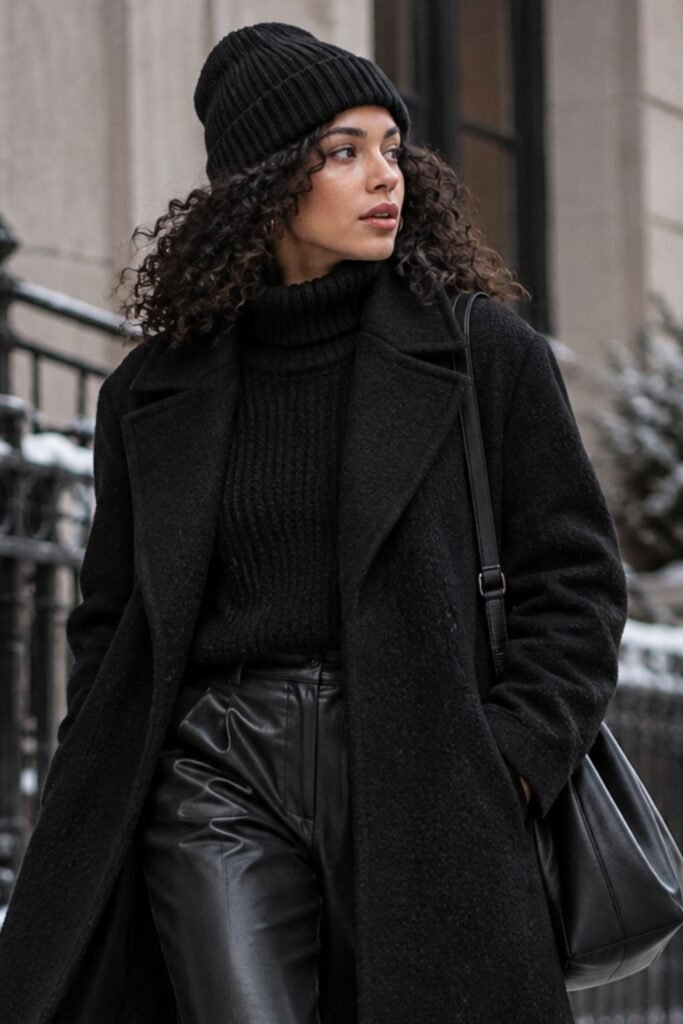 Woman in a black knit bonnet with a long black coat and boots