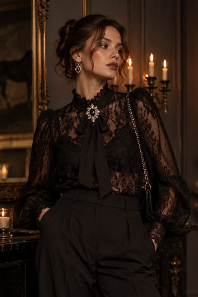 Black Lace Blouse + Crystal Brooch + Tailored Trousers (1)