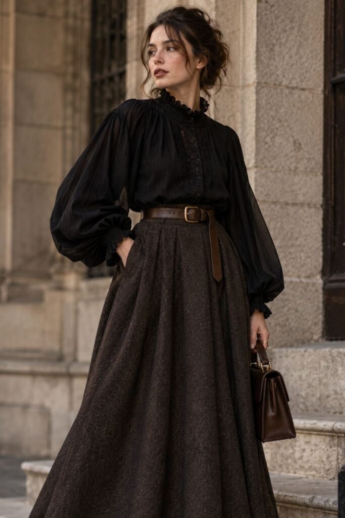 Black-Poet-Blouse-Long-Wool-Skirt.jpg
Best for: Women who prefer pants and a more modern silhouette.