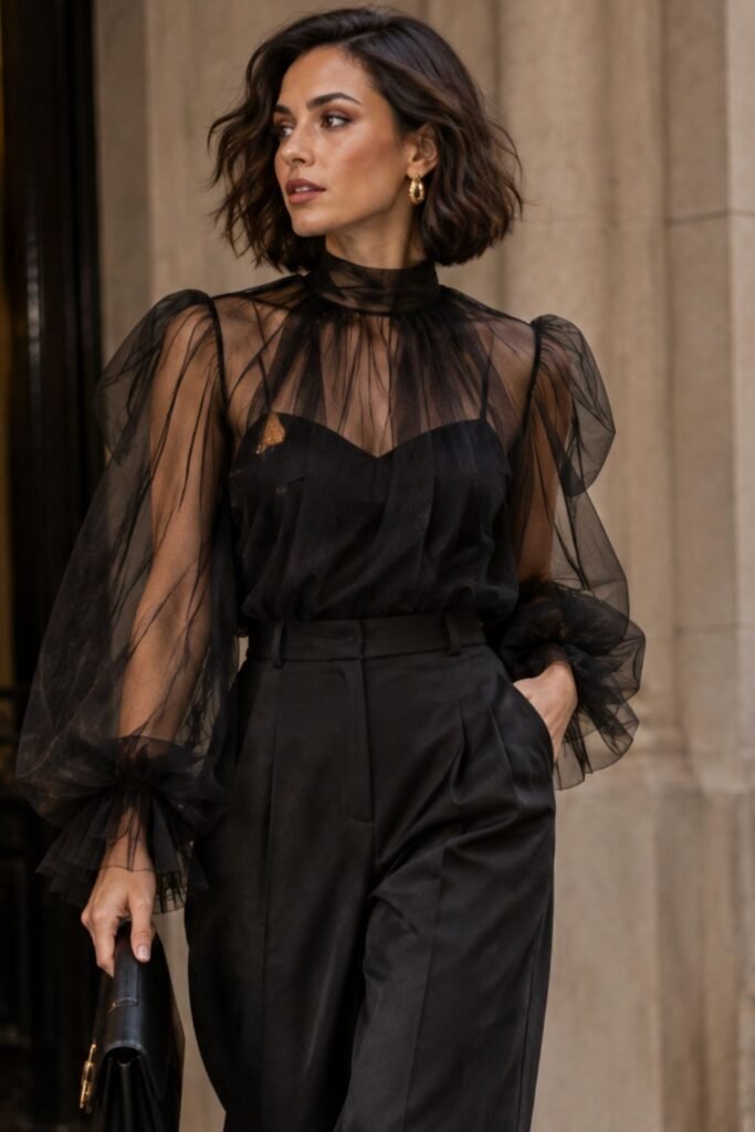 Black Tulle Top + Tailored Trousers