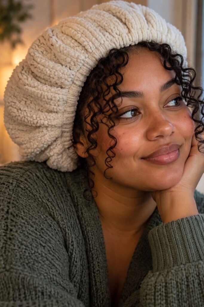 Woman with natural curls framing her face under a soft knit bonnet