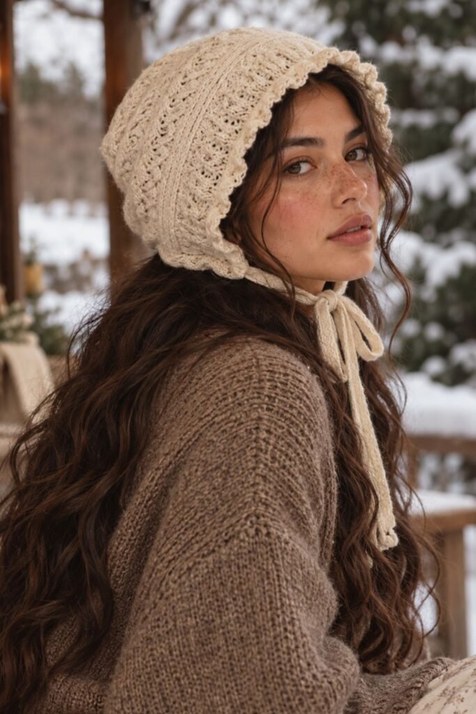 Long-haired woman with loose waves wearing a cream tie bonnet