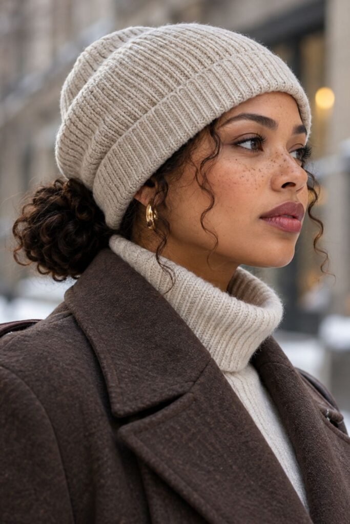 Woman with a low bun under a fitted ribbed bonnet and wool coat