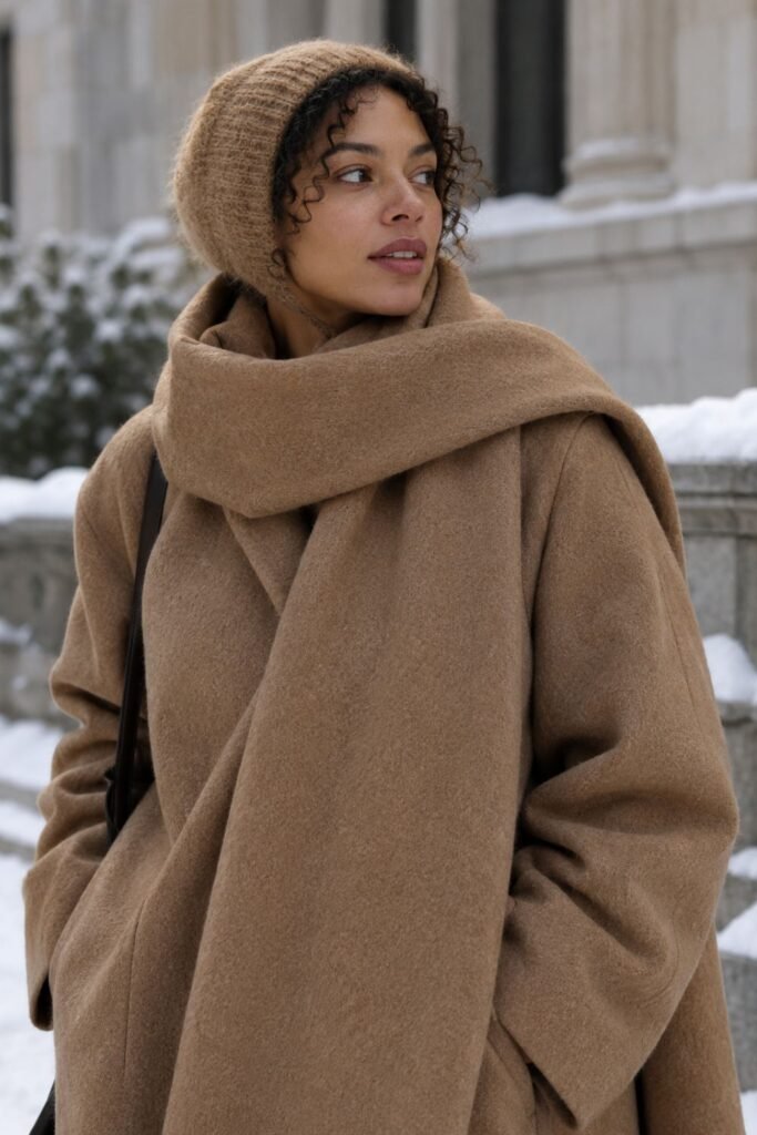 Woman wearing a compact knit bonnet with an oversized scarf coat
