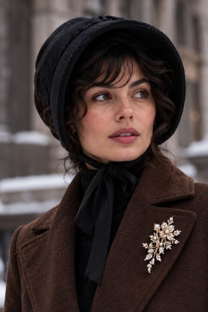 Woman in a simple dark bonnet with a floral brooch on her wool coat