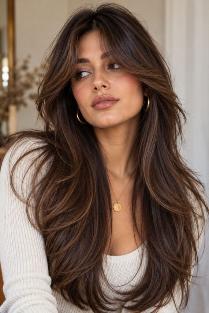 Bottleneck-inspired curtain bangs on long hair