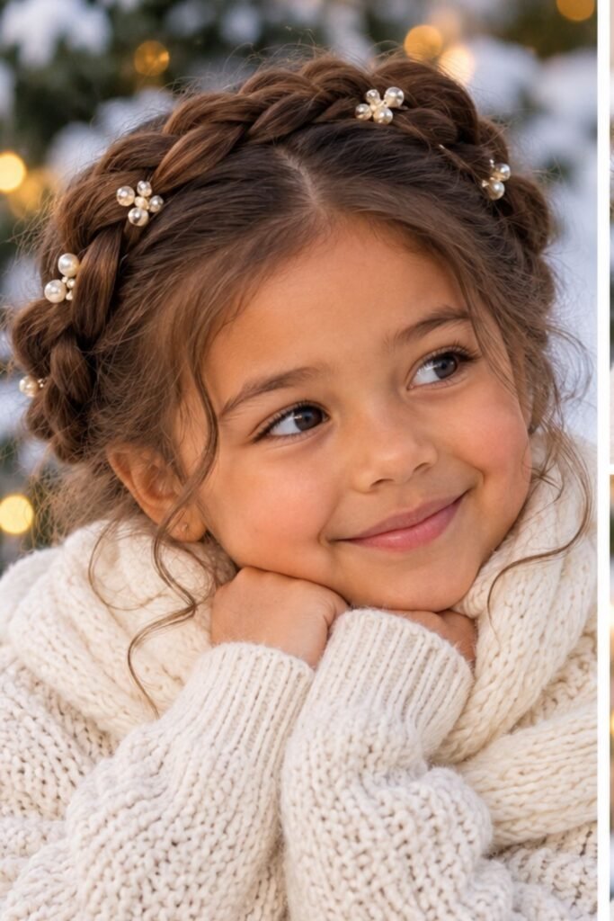 Girl wearing a soft braided crown for a winter party
