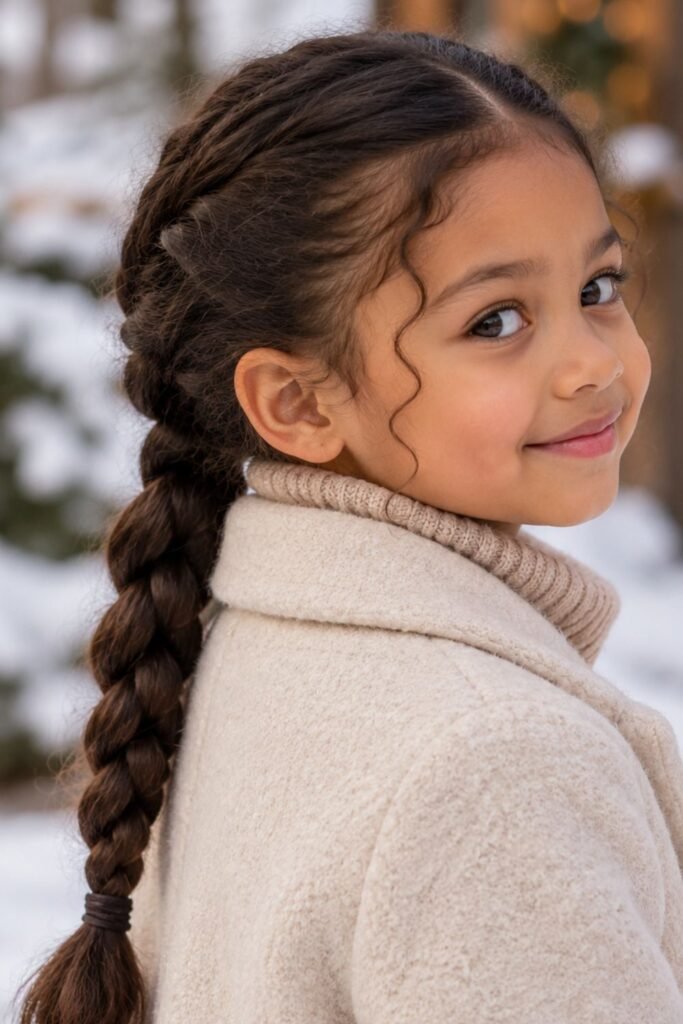 Girl with a low braided ponytail at the nape