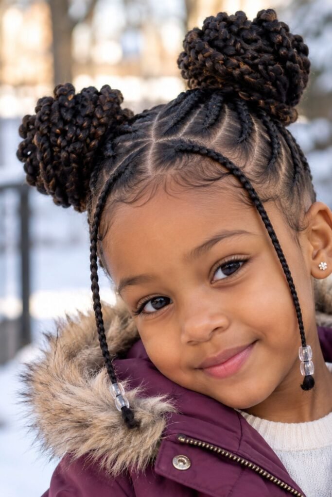 Girl with braided space buns for a hat-free day