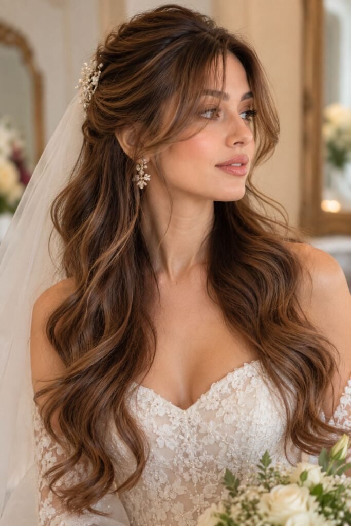 Bridal curtain bangs with long soft waves