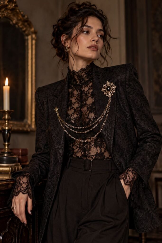 Brooch Chain Across a Lace Blazer