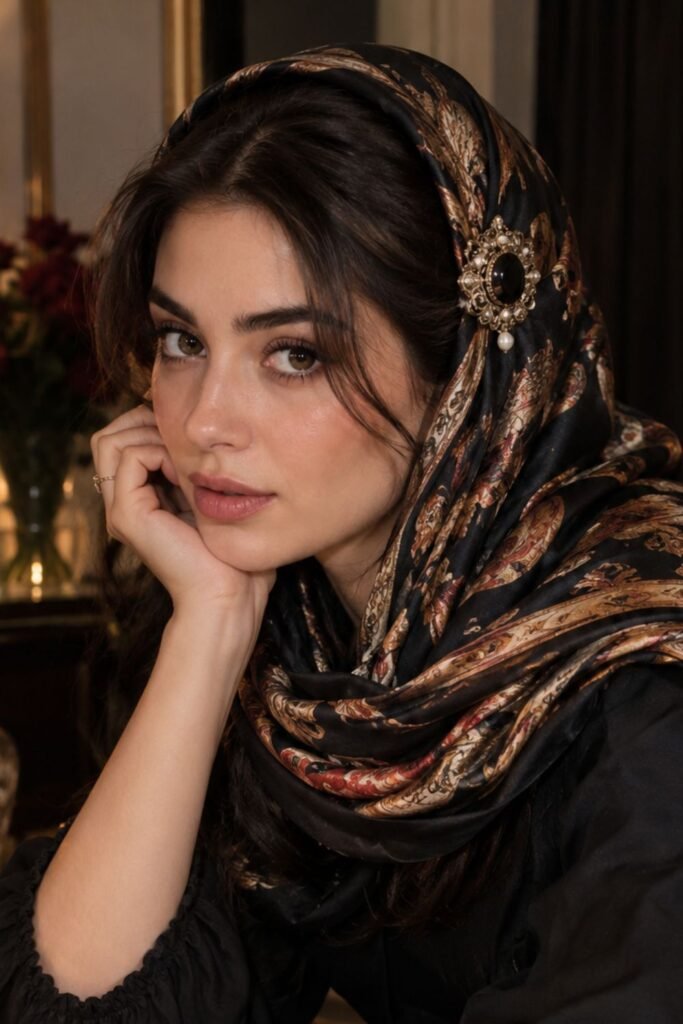 Brooch-Pinned Silk Scarf (1)
