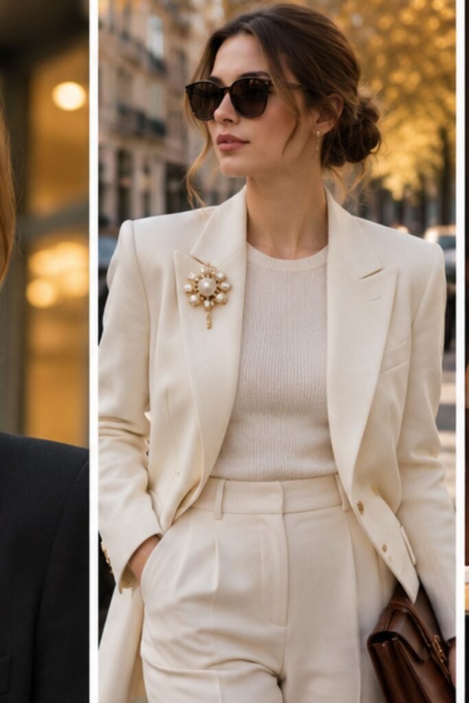 Woman wearing a minimal blazer with a statement brooch on the lapel